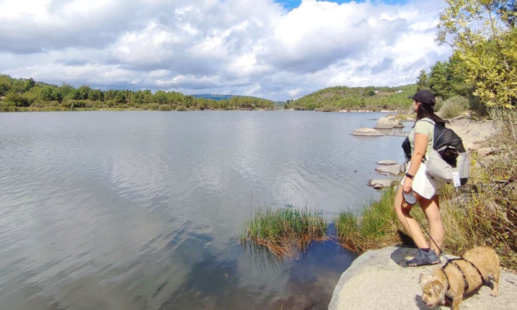 Mulher junto a um lago, olhando para a paisagem, com um cão pequeno de peitoral e um gato em mochila de transporte. Cenário natural com céu nublado e vegetação ao redor do lago.

